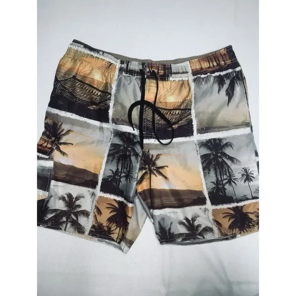 L No Bad Days Cargo Swim Trunks Orange Beige Brown Tropical Print Mens READ